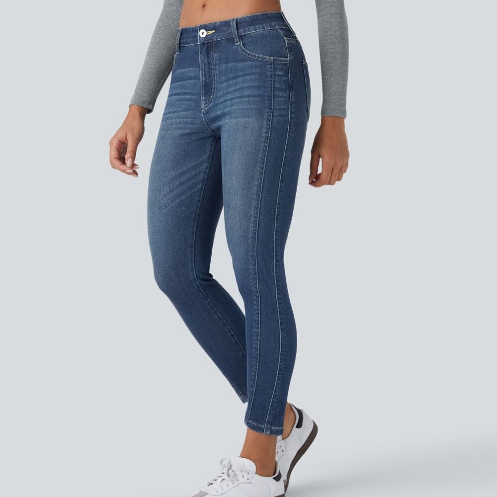 2 Halara Flex Mid Low Rise Zipper Pockets Casual Skinny Jeans (1 Blue + 1 Black)